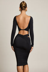 Cut-Out Draped High-Rise Midi Skirt in Black
