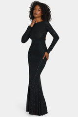 Embellished Open-Back Gown in Black