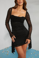 Long Sleeve Embellished Cowl Neck Mini Dress in Black