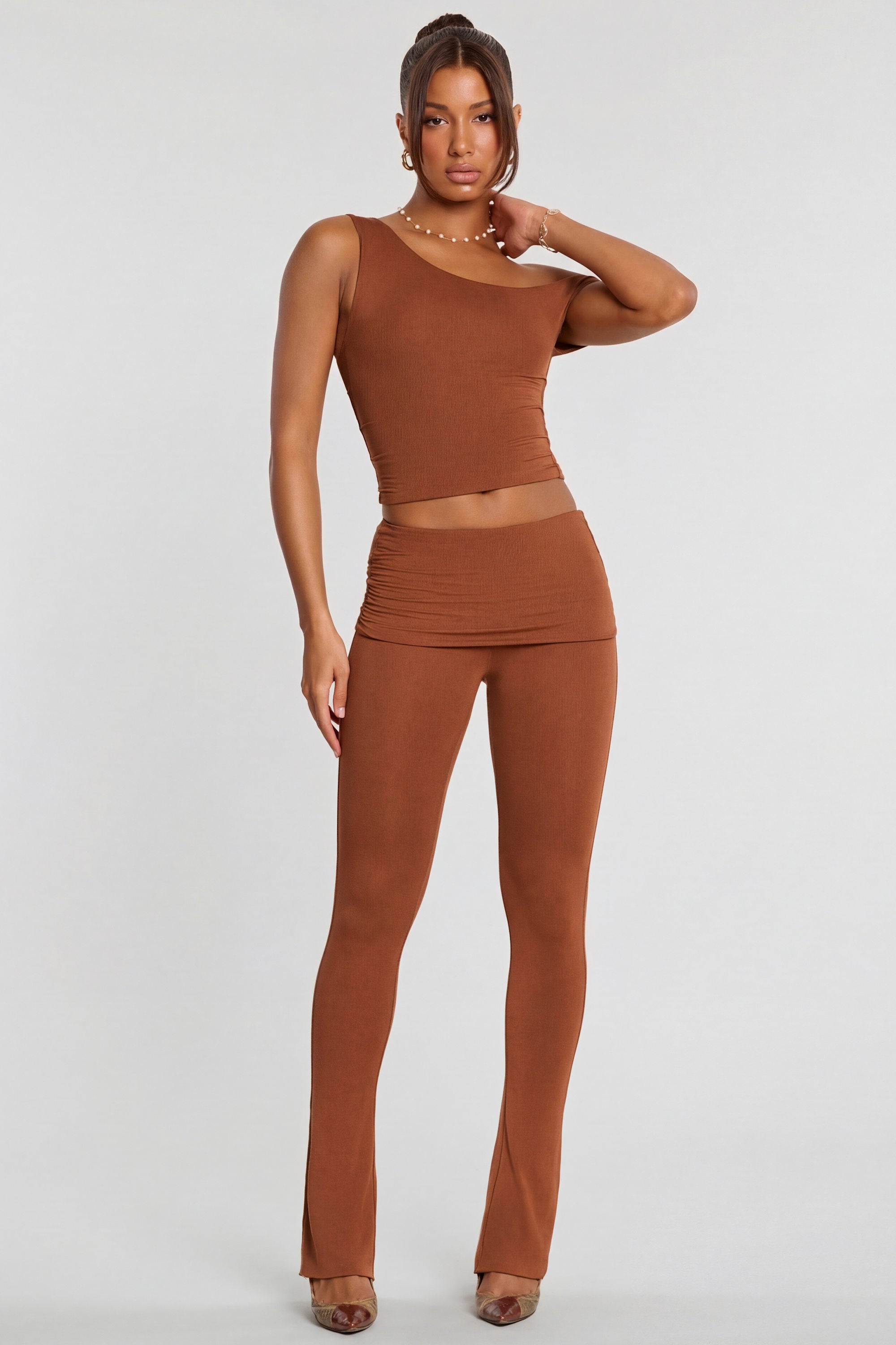 Mid Rise Modal Cashmere Blend Trousers in Chestnut Brown