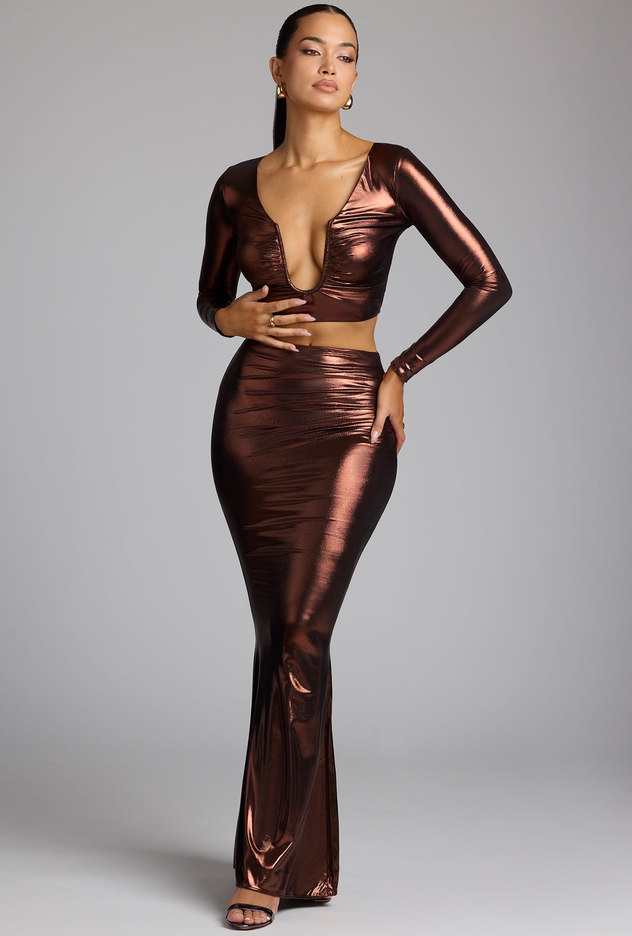 Mid Rise Metallic Jersey Maxi Skirt in Copper Bronze
