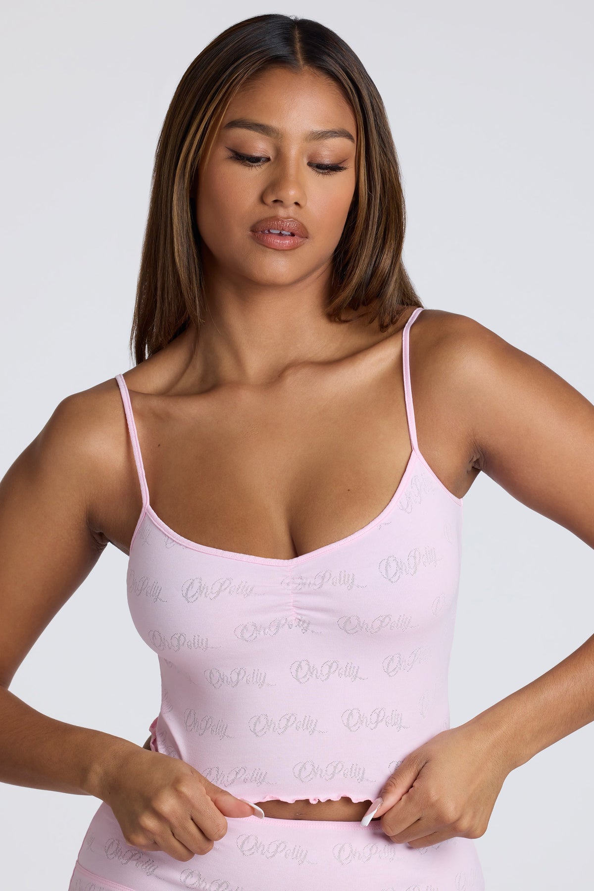 Strappy Ruched Pointelle Crop Top in Pink Lemonade