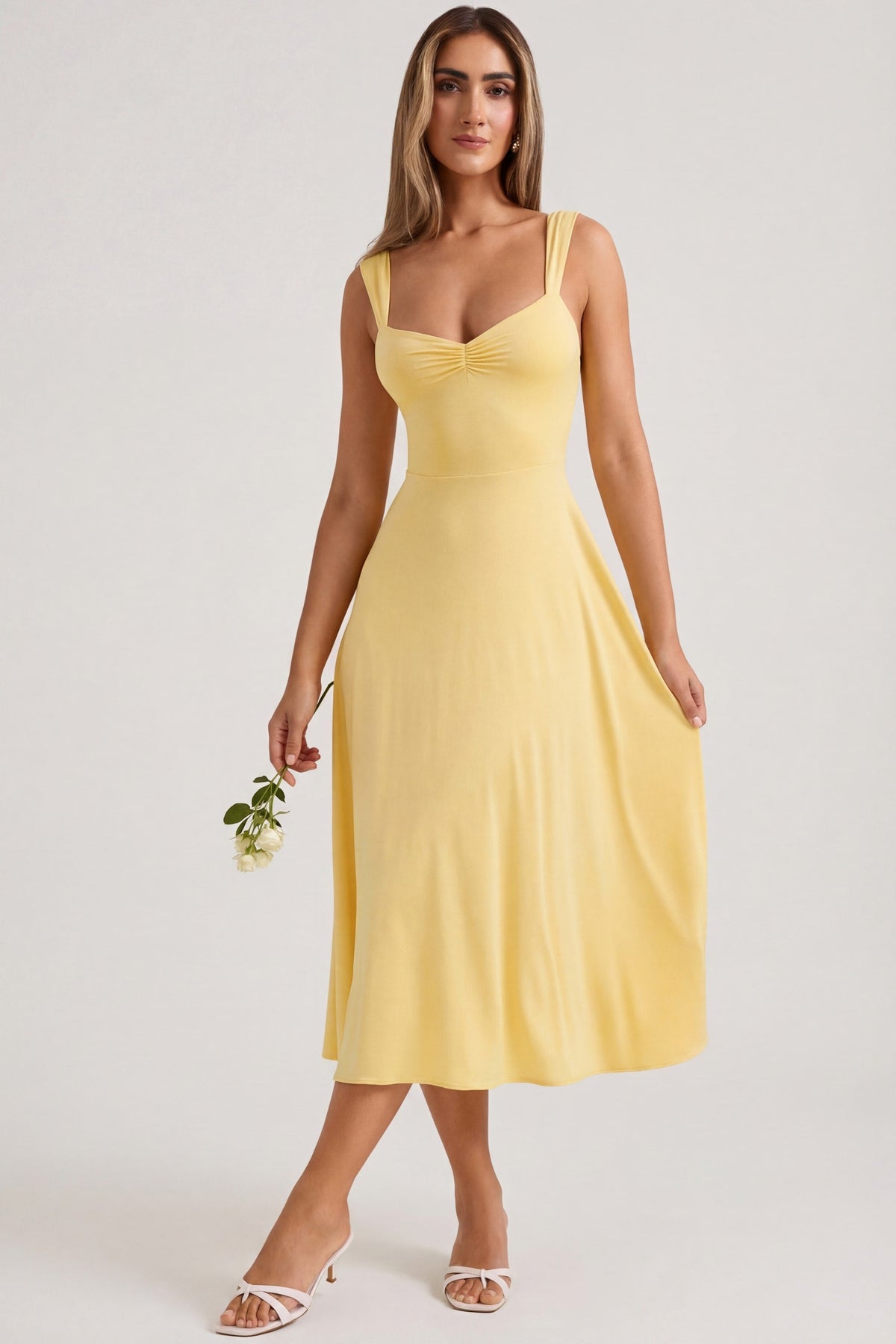 Sweetheart-Neck Ruched Midaxi Dress in Pastel Yellow