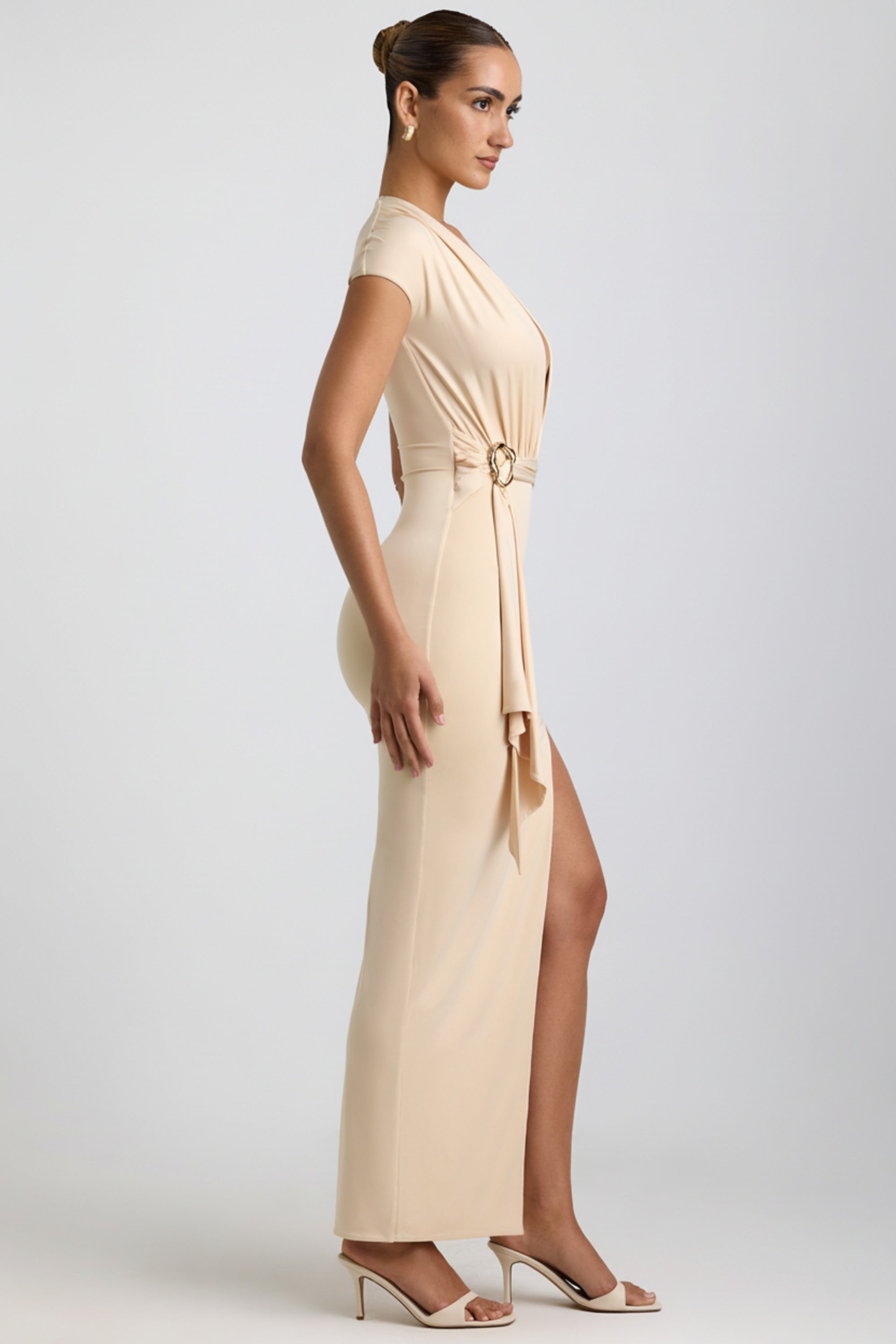 Slinky Jersey Plunge Hardware Detail Maxi Dress in Buttercream