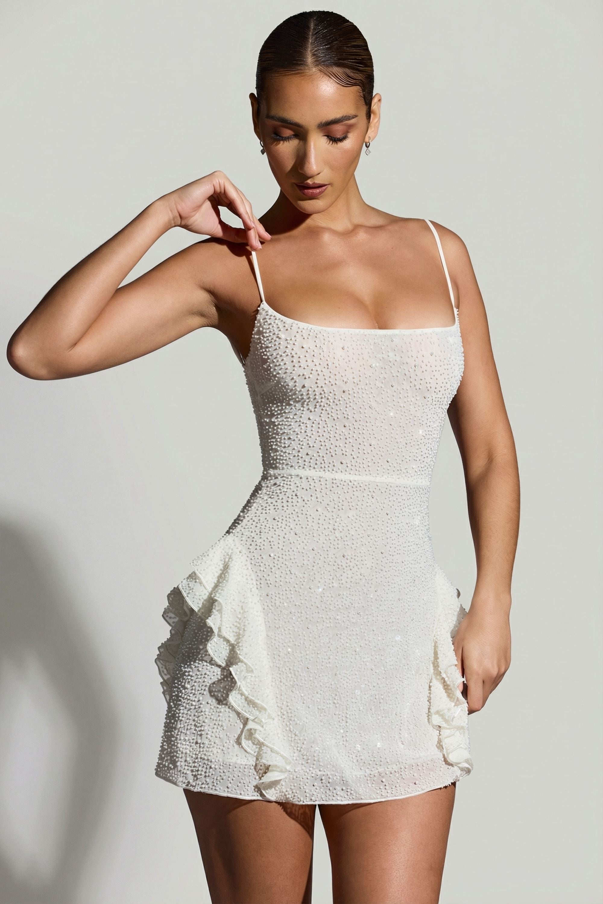 Embellished Frill Mini Dress in White