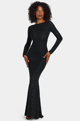 Embellished Open-Back Gown in Black