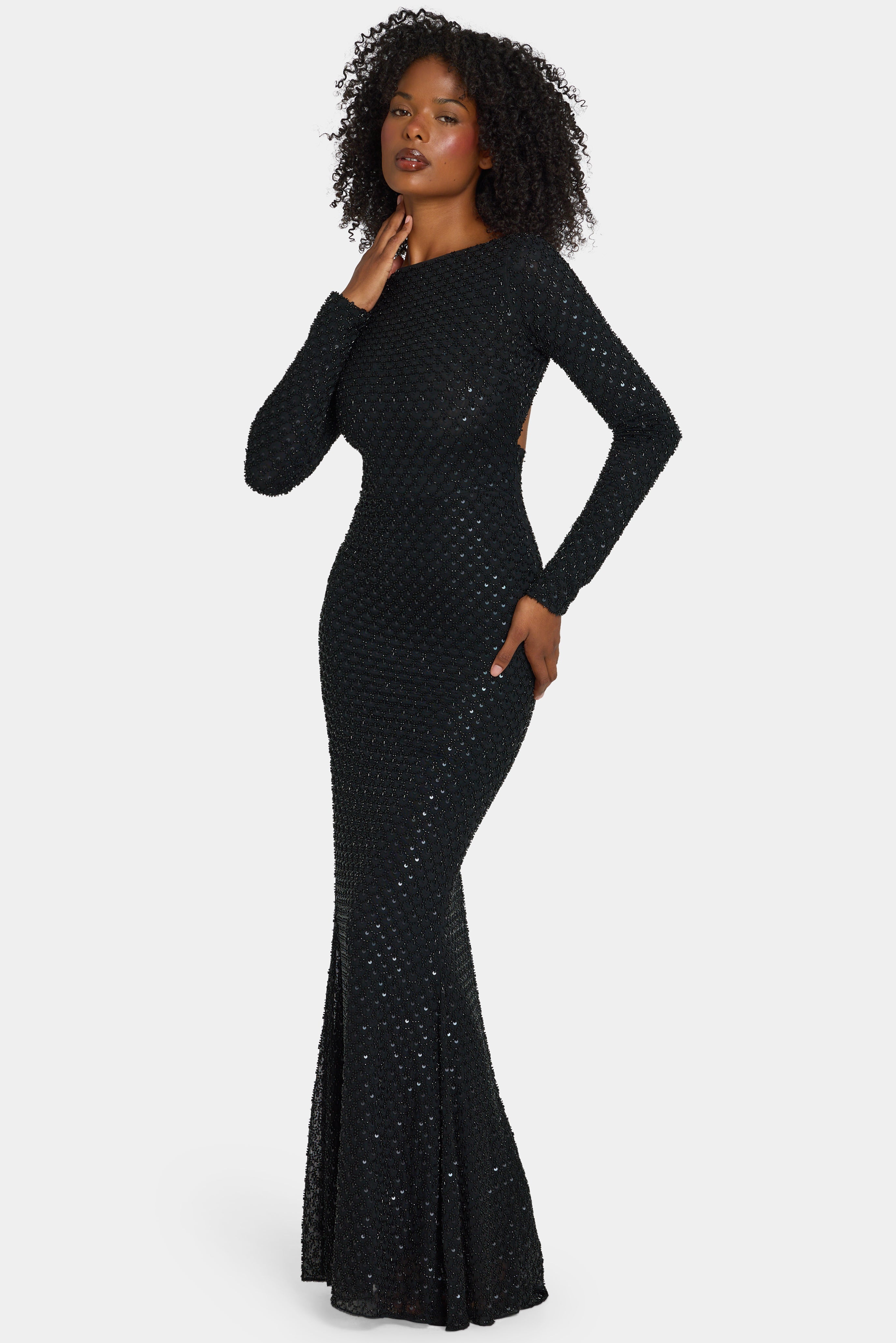 Embellished Open-Back Gown in Black