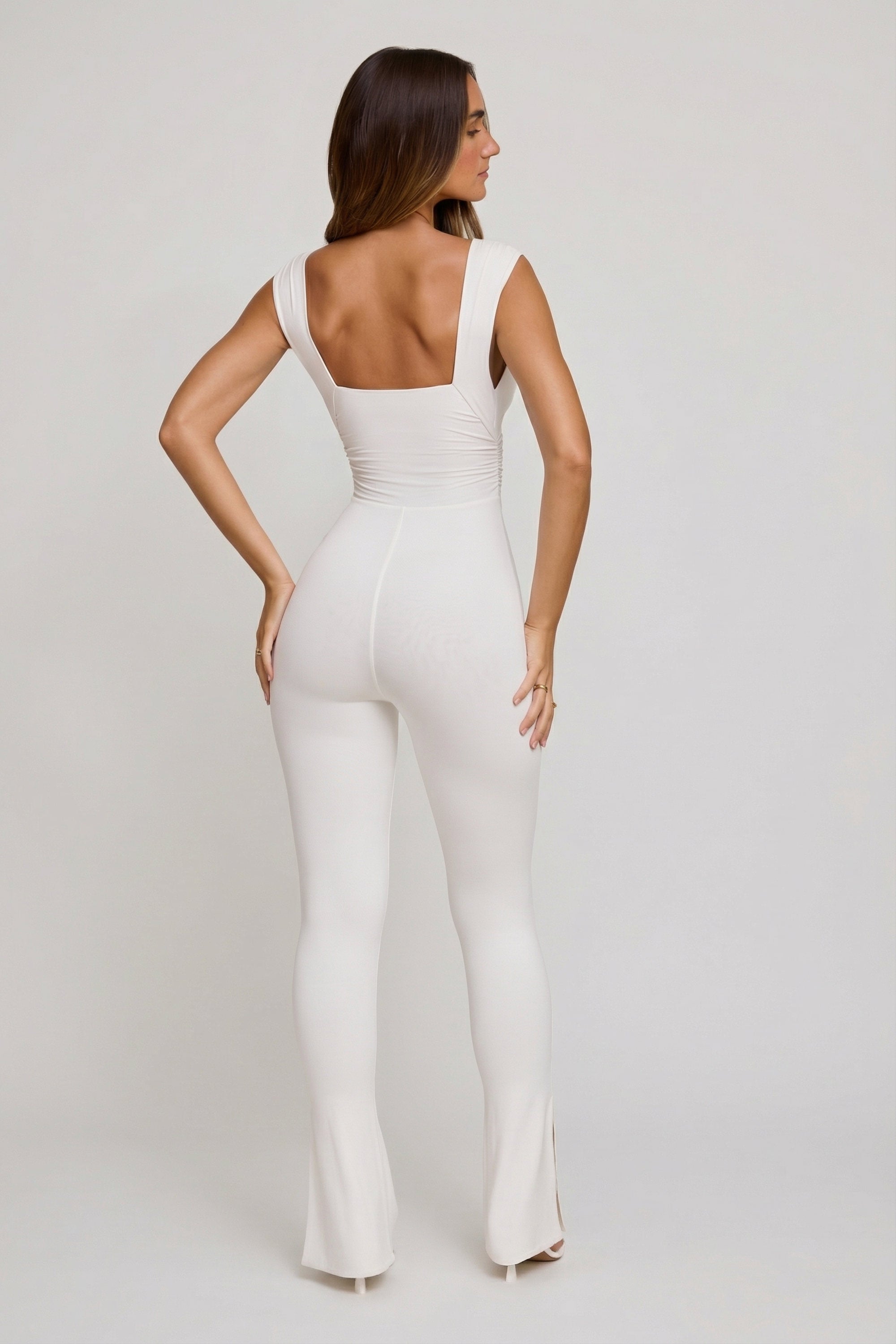 Plunge Neck Ruched Waist Jumpsuit in White