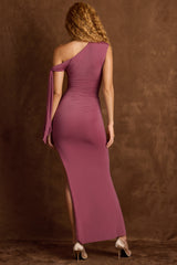 Off-Shoulder Ruched Tie-Detail Maxi Dress in Rose Brown